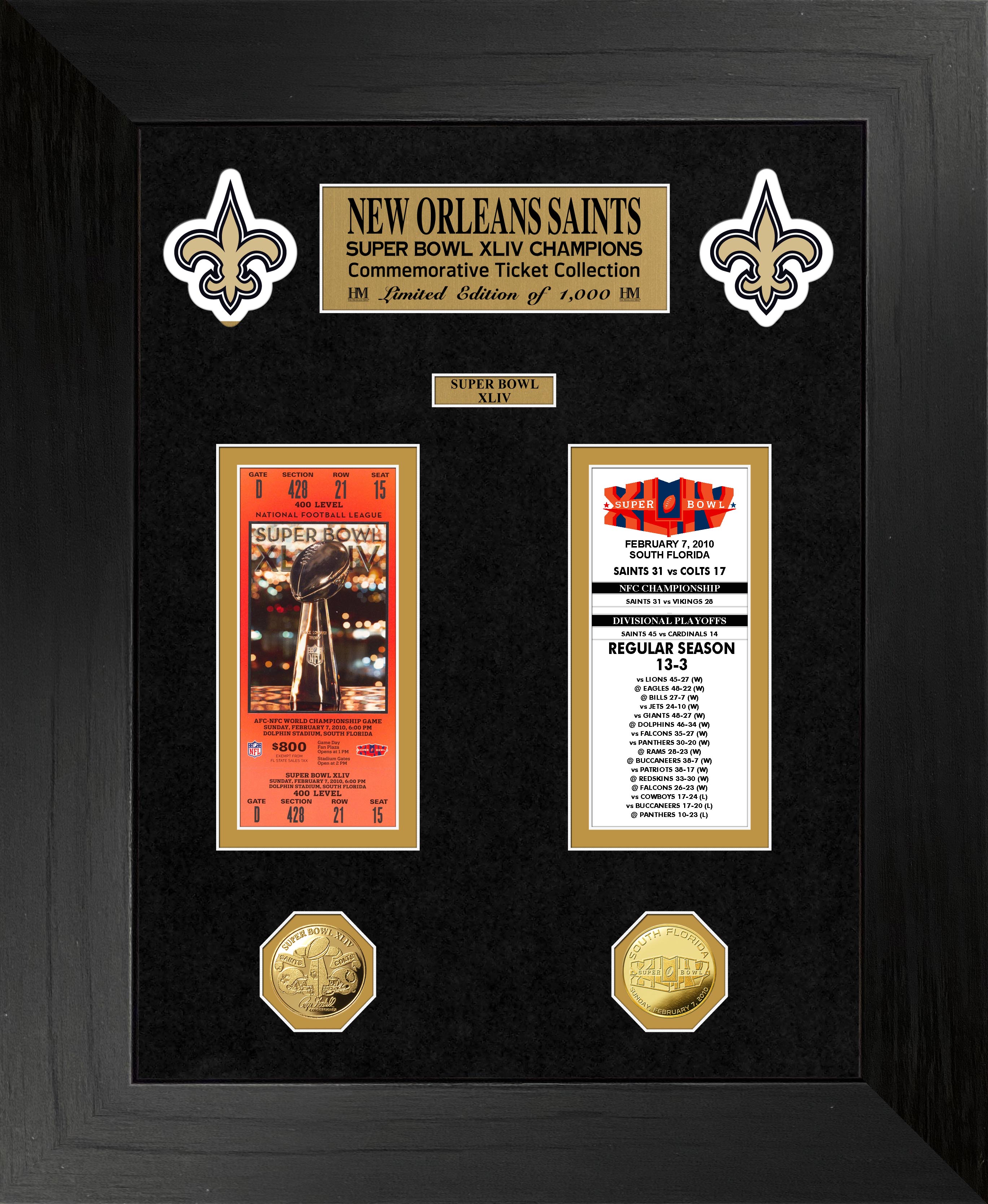 New Orleans Saints Super Bowl Ticket and Game Coin Collection Framed