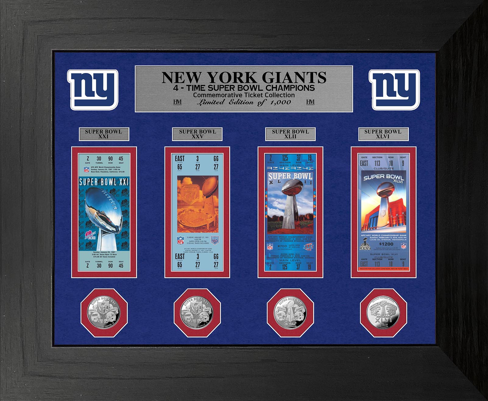 New York Giants 4-Time Super Bowl Ticket and Game Coin Collection Framed