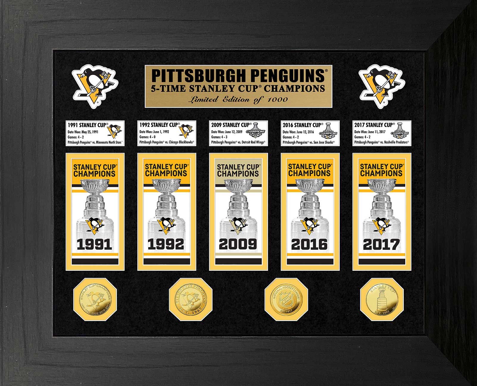 Pittsburgh Penguins 5-Time Stanley Cup Champions Deluxe Gold Coin & Banner Collection