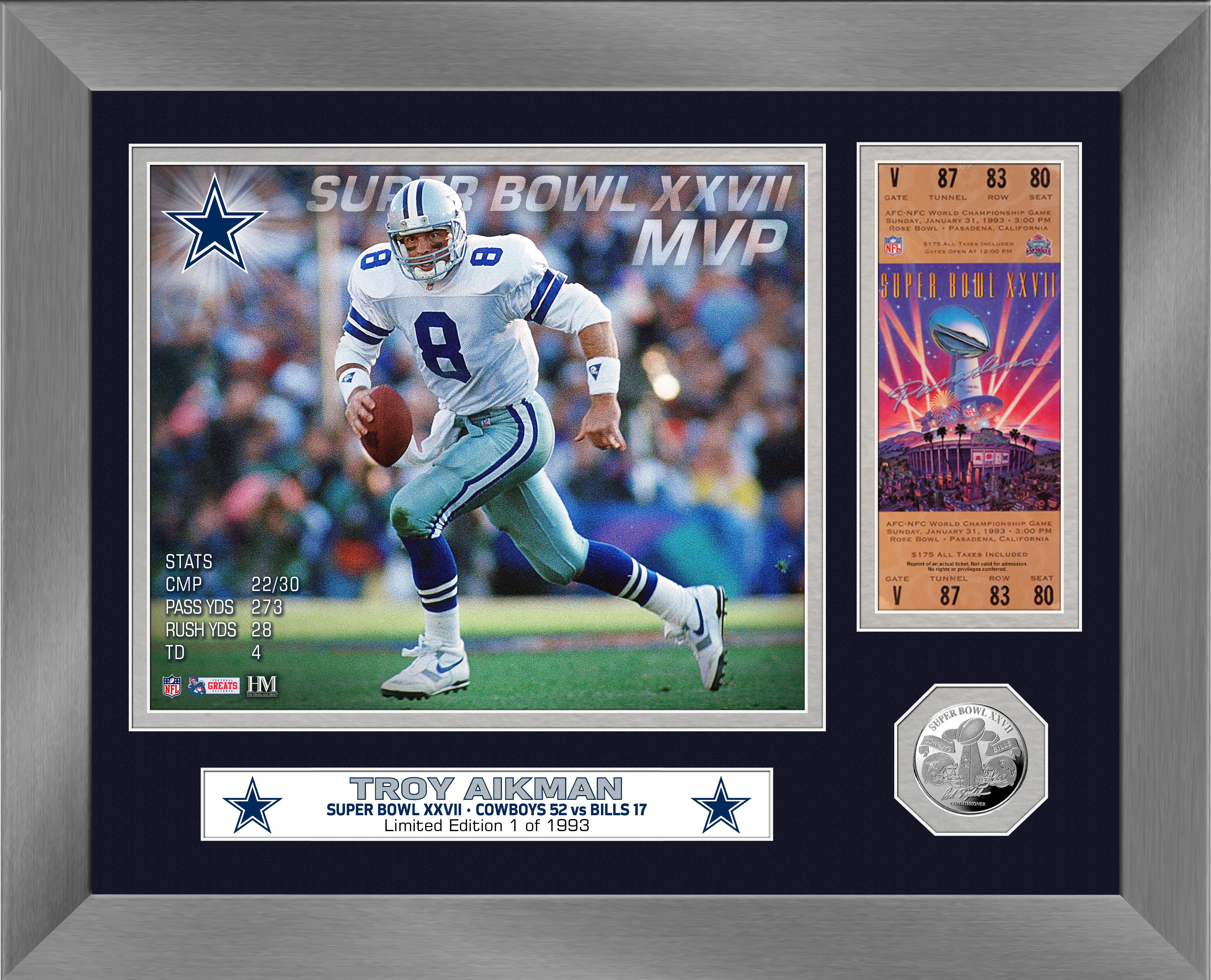 Troy Aikman Super Bowl XXVII MVP Silver Coin Ticket Photo Mint