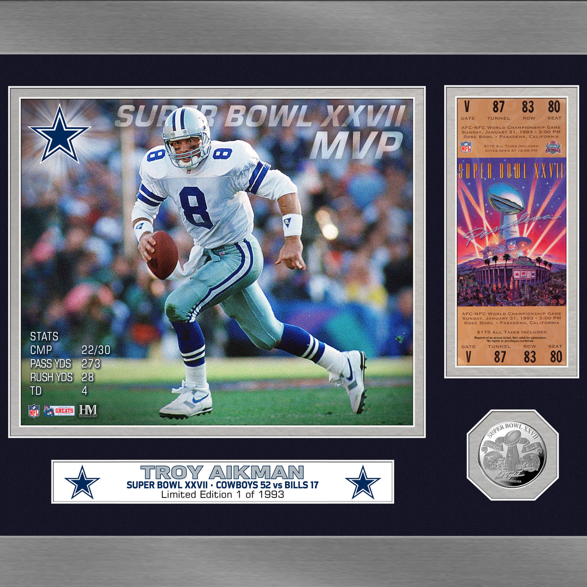 Troy Aikman Super Bowl XXVII MVP Silver Coin Ticket Photo Mint