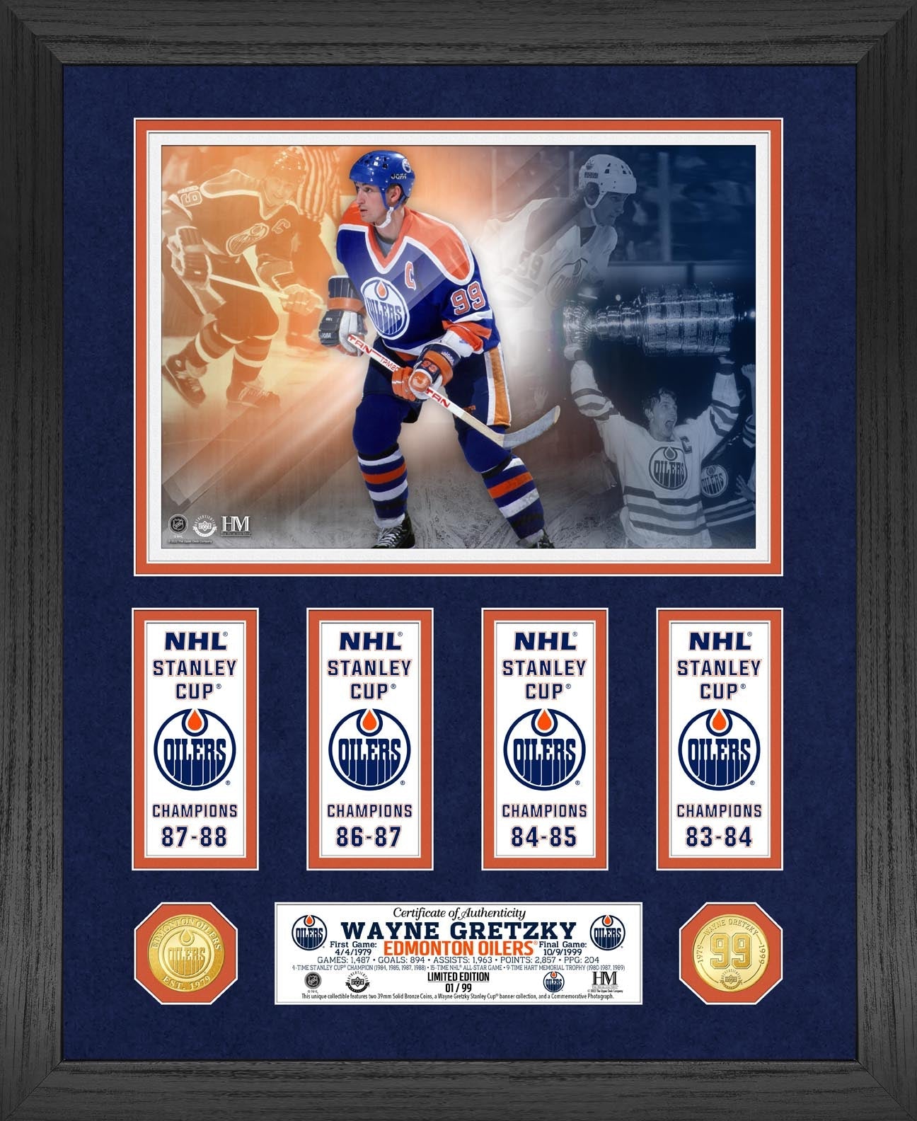 Wayne Gretzky Oilers 4x Champ Stanley Cup Banner Collection Bronze Coin Photo Mint