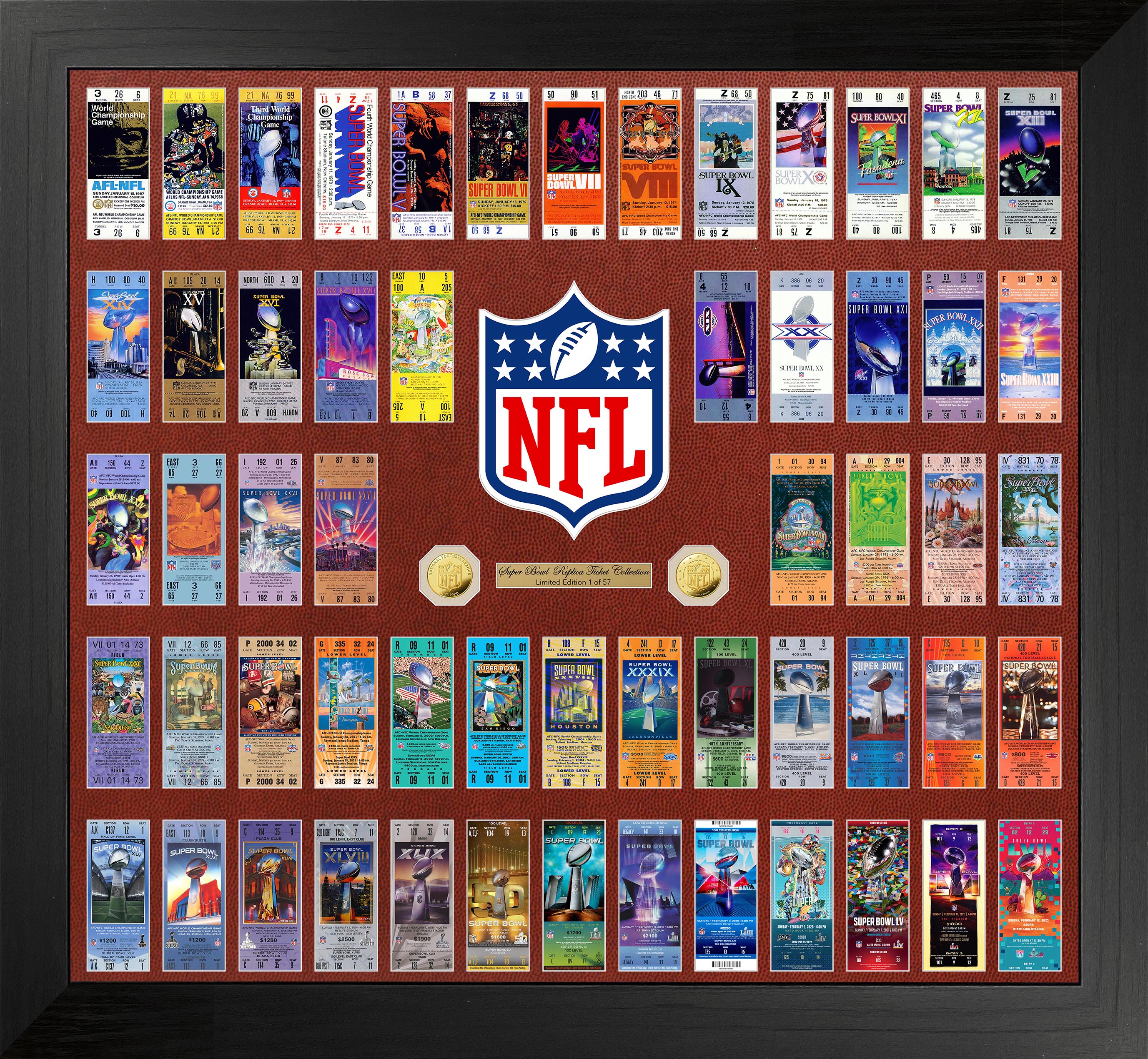 NFL 57 Super Bowl Tickets Collection Framed with Gold Coins