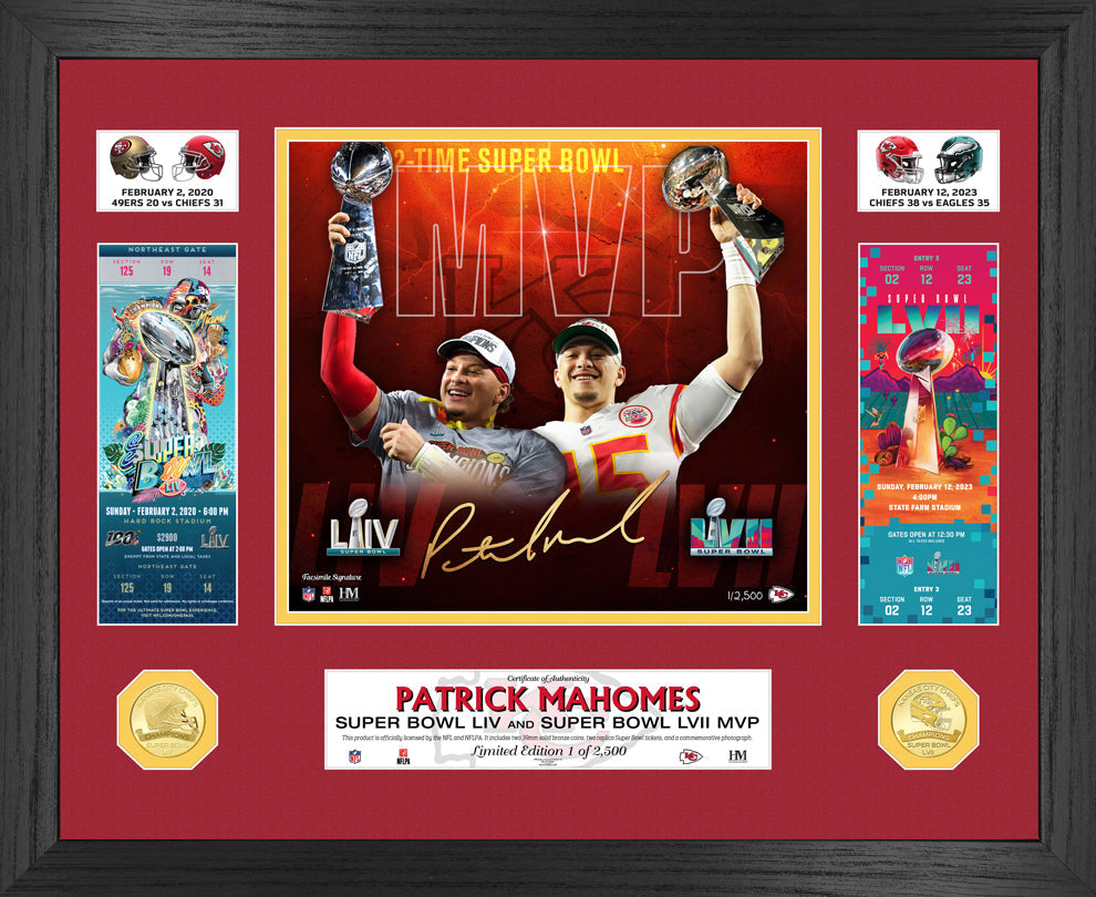 Patrick Mahomes 2-Time Super Bowl MVP Ticket & Bronze Coin Photo Mint