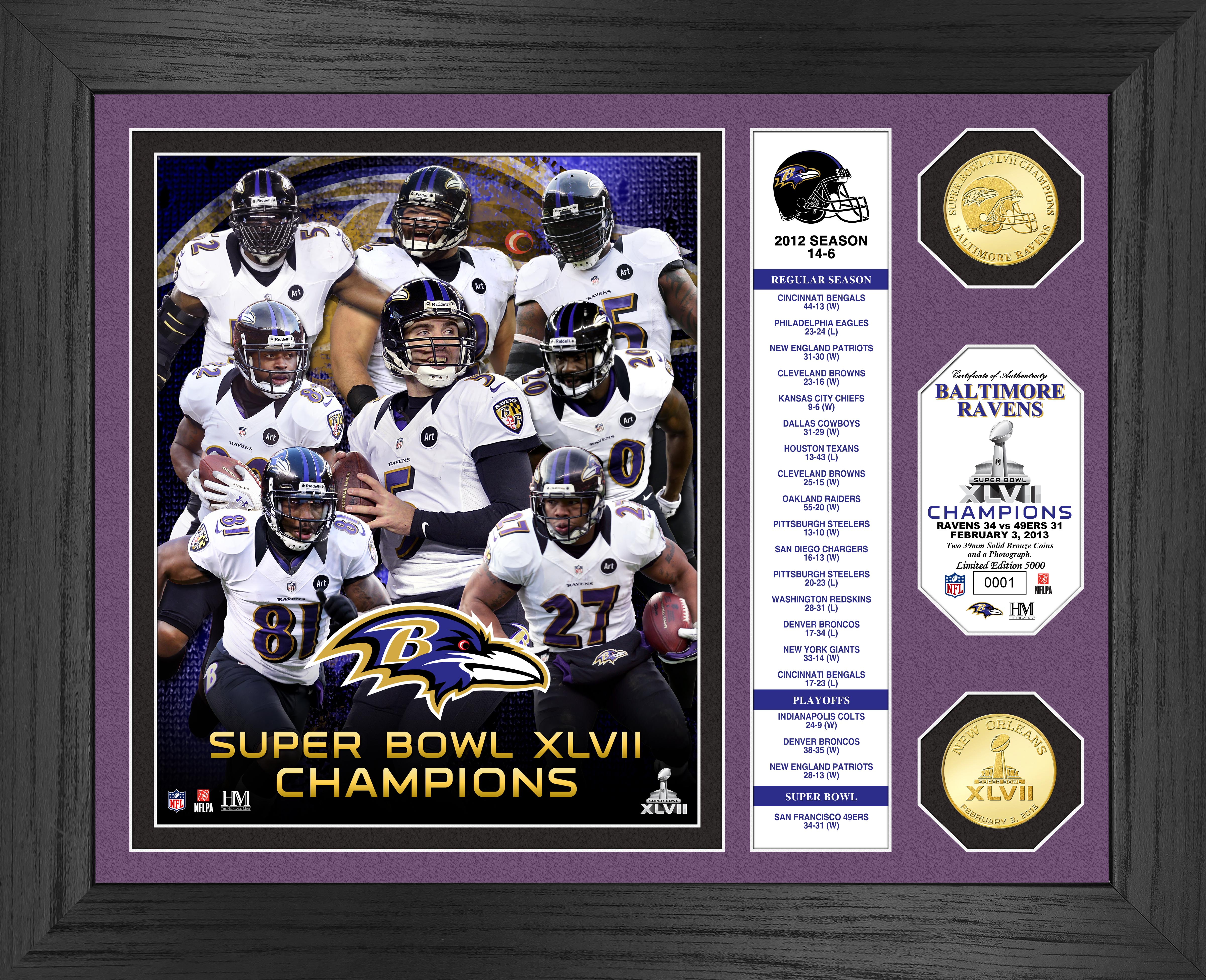 Baltimore Ravens Super Bowl XLVII Champions Gold Coin Banner Photo Mint