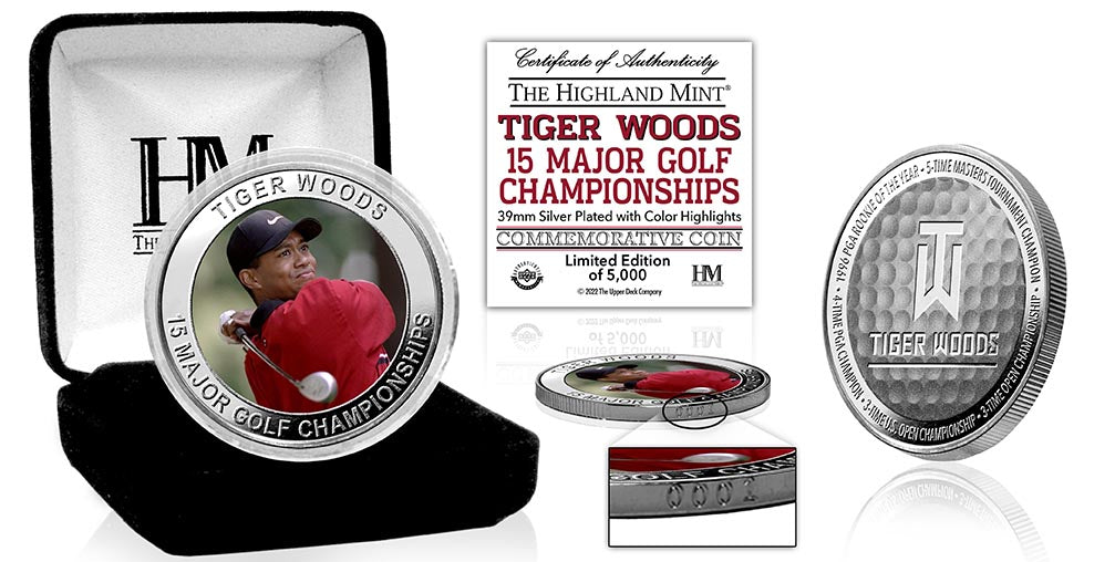 Tiger Woods 15 Major Golf Championships Silver Plated Color Coin